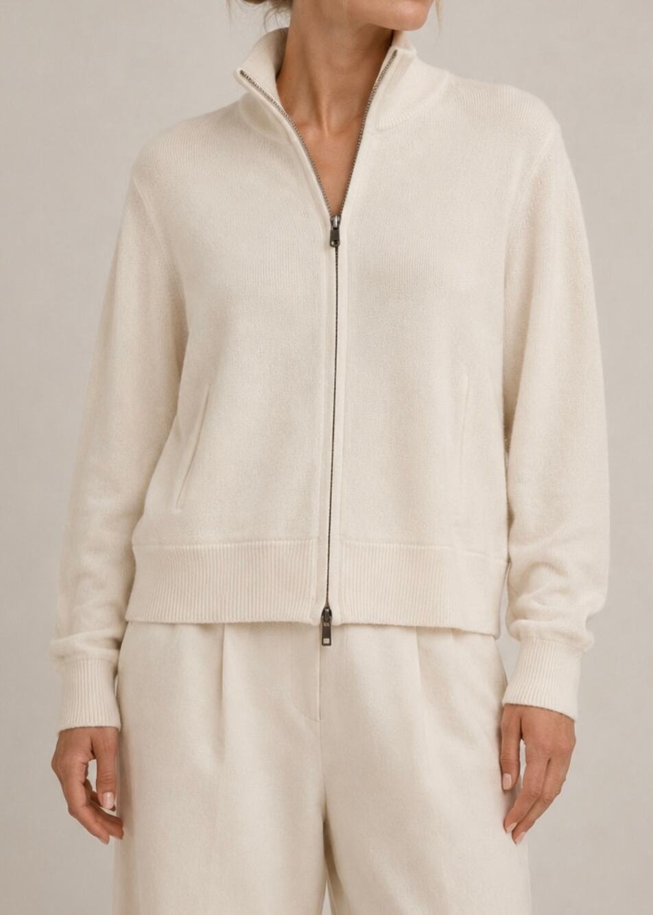NAKED CASHMERE 100% Cashmere Zip Up Mock Neck Cardigan Sweater White Jacket